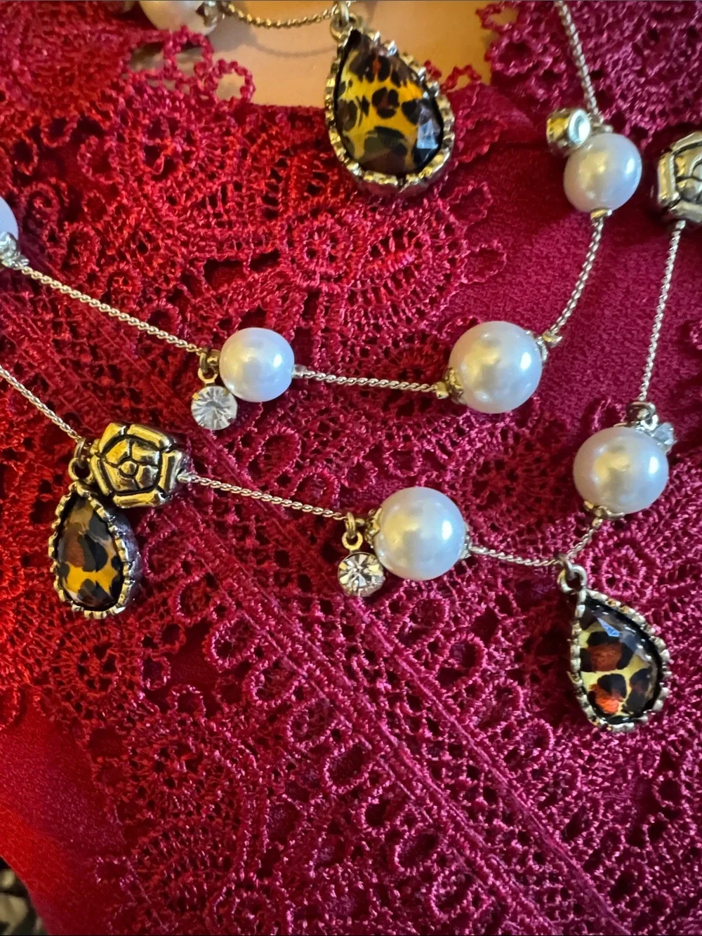 Betsey Johnson silver tone 3 strand necklace w/faux pearls, charms & rhinestones